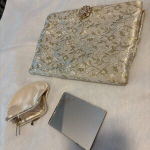 Vintage 1950s Ingber Gold Brocade Evening Clutch – Jewel Clasp, Original Mirror